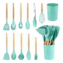 Comprar Set X12 Utensilios De Cocina Mango Madera Punta Silicona