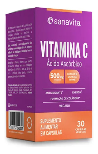 Vitamina C 500 Mg Sanavita Antioxidante Vegano - 30 Cápsulas