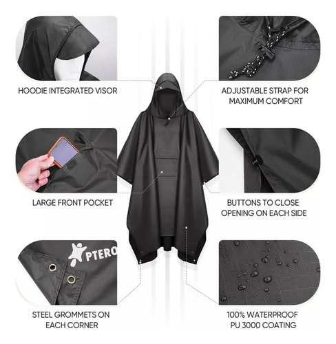 Poncho Grueso Impermeable Reutilizable 3 En 1 Con Capucha