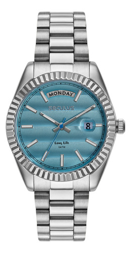 Relogio Seculus Feminino Long Life Social Azul 77323l0svna2 Correia Prateado Bisel Prateado Fundo Azul-celeste