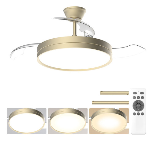 Ventilador de Techo Dorado Retráctil 42" con Luz LED de 3 Tonos, Motor DC Silencioso, 6 Velocidades, Control Remoto, Aspas Invisibles, Reversible para Verano e Invierno, Diseño Moderno Interior
