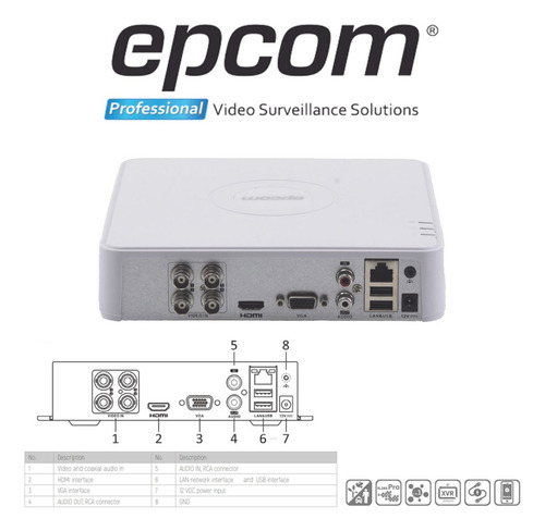 Kit Circuito Cerrado Epcom Dvr 4 Canales 2 Camaras 1080p 2mp B8-TURBO-G2/A Audio Integrado Metal 50mts Cable Utp HDD 500gb