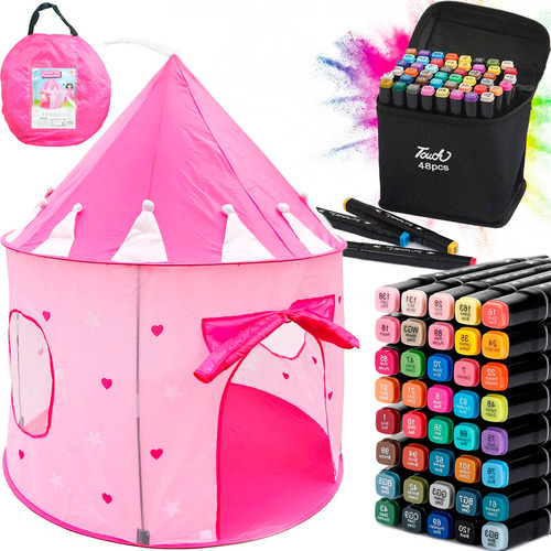 Kit Barraca Infantil+canetinhas Coloridas Ponta Dupla Touch Cor Rosa