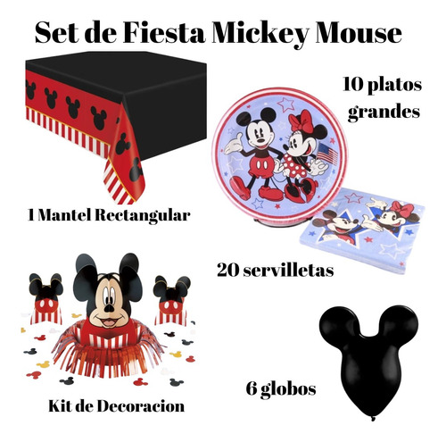 Set Kit Fiest Decoracion, Mickey Mouse, Mantel, Combo, Plato