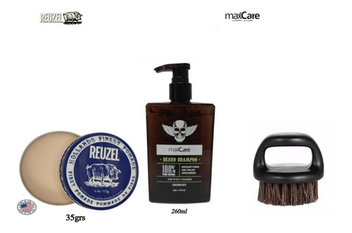 Kit Shampoo Barba Cera Pomada Reuzel Fiber Cepillo Barberia