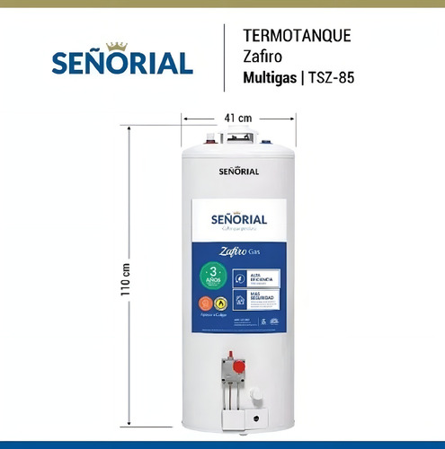 Termotanque Multigas Señorial Tszp1-85 Zafiro Blanco 85 Lts Blanco