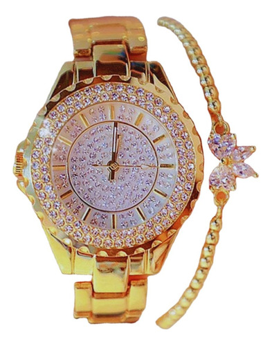 Kit Relógio Feminino Com Bracelete Dourado Pingente Luxo