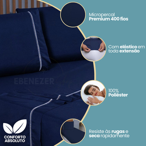 Jogo De Cama 4 Peças Casal C/ Fronha Percal 400 Fios Ponto Palito Extra Macio Suave Cor Azul Marinho Premium
