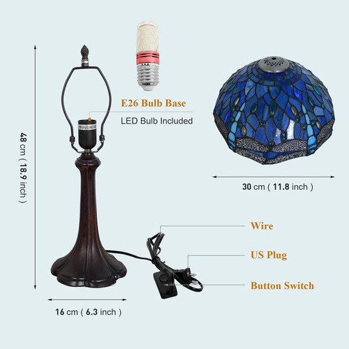 Lámpara Estilo Tiffany, Lámpara De Mesa Estilo Libélula Azul