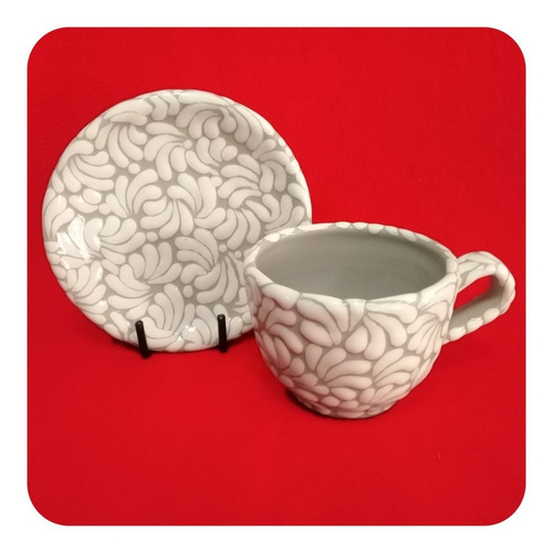 Imagen 3 de 8 de Set 2 Tazas Y 2 Platos Talavera Poblana Barroco Blanco Tz