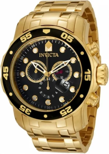 Reloj de pulsera Invicta Pro Diver 0072 de cuerpo color oro, analógico,  para hombre, fondo negro, con correa de acero inoxidable color oro, agujas  color oro, blanco y rojo, dial blanco y