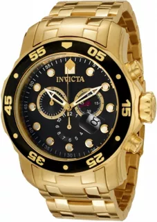 Reloj pulsera Invicta Pro Diver 0072 de cuerpo color oro, analógico, para hombre, fondo negro, con correa de acero inoxidable color oro, agujas color oro y blanco y rojo, dial blanco y oro, subesferas