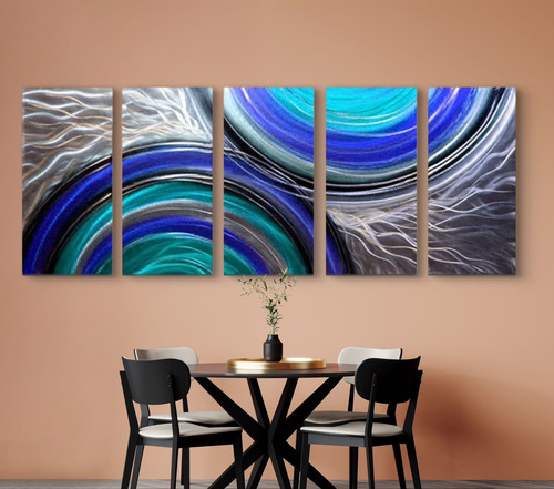 Cuadro Abstracto Semi Círculos Azules 5pz Canvas 100x70cm Negro