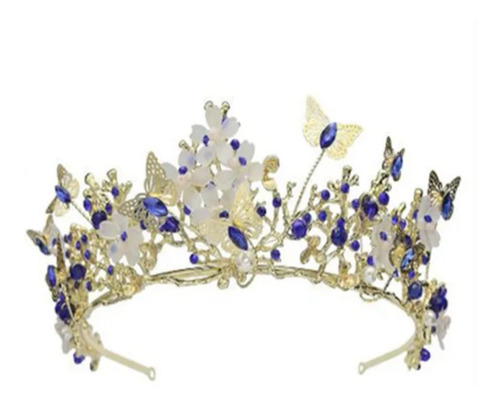 Corona Mariposas Azul Para Reina, Novia, Xv Años, Disfraz...