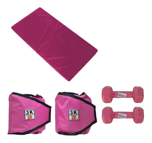 Kit Colchonete Rosa+caneleira 3kg + Par Halter Sextavado 3kg