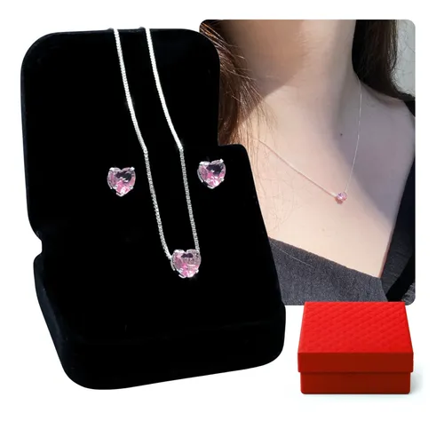 Kit Colar Prata 925 Coração Ponto Brilhante + Brinco Luxo Rosa