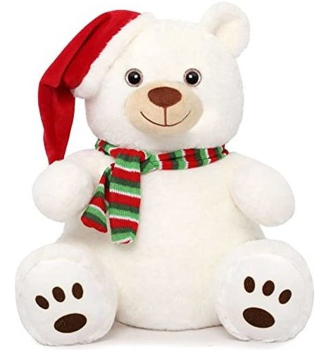 Oso De Peluche Navideño Color Blanco Con Gorro Rojo Felpa