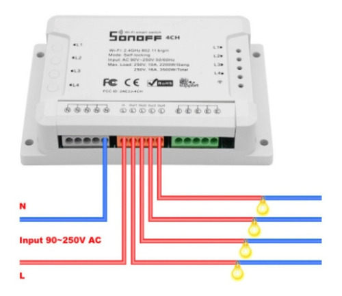 Interruptor 4ch R2 Para Cuatro Circuitos Sonoff - Domotica