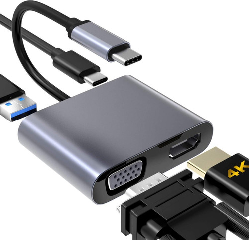 Hub Usb Tipo C 3 A Vga, Compatible Con Hdmi 4k, Usb 3