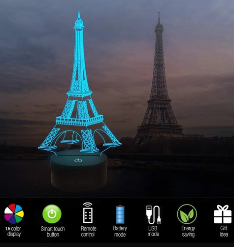 Lámpara Led 3d Acrílico Torre Eiffel Paris Base 7colores