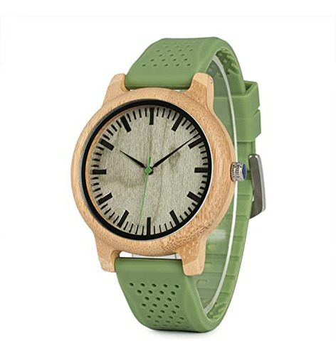 Reloj De Bambú Neutro 44mm Con Correa De Silicona Verde