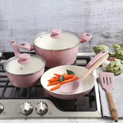 Bateria De Cocina Gibson Home De Ceramica 7pz Rosa Pastel