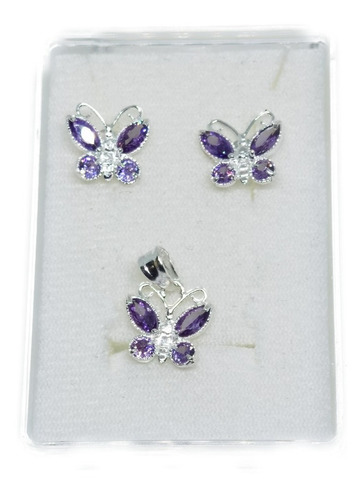 Dije De Mariposa Morada Zirconias De Plata 925  +aretes Y22