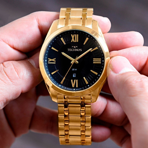Relógio Technos Masculino Aço Dourado Preto Original
