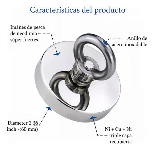 Yuhuangcheng Imán Neodimio Súper Magnético 120kg Gancho Pesca 60mm+cordón Kit de imán de pesca magnético con imán súper fuerte para tirar de grado magnético para pesca magnética y salvamento en río