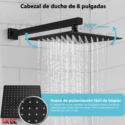 Skbe® Regadera Cuadrada Tipo Lluvia Alta Presión Con Regadera Telefono Y Grifo Del Baño Acero Inoxidable Color Negro