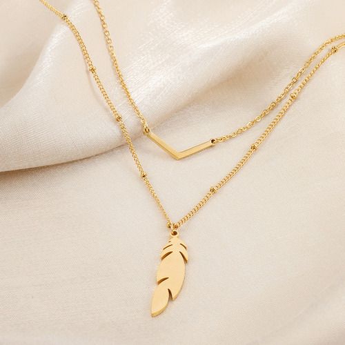 Ay Collar Con Doble Colgante De Pluma De Hoja Dorada