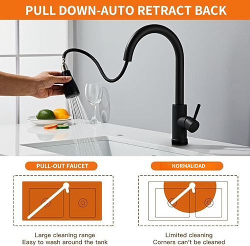 Grifo Multifuncional Extraíble Con Mezcla Y Giro 360° Negro Mate