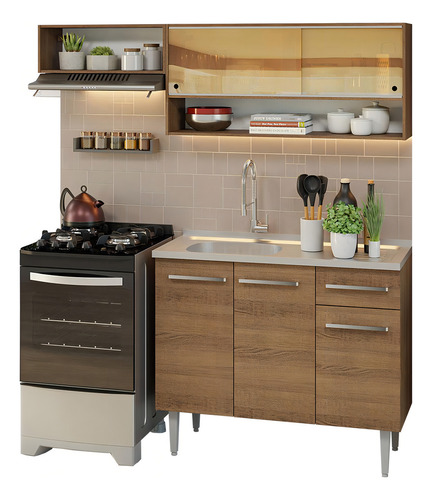 Armário Cozinha Compacta 165cm Com Pia Emilly Madesa R 01 Cor Rustic
