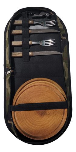 Set De Asado X 2 Comensales Estuche Tela Importada Camuflada