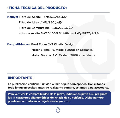 Kit 3 Filtros Ford Focus + Aceite Sintético Motorcraft 5w30