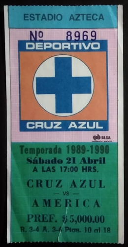 Dos (2) Boletos Partido Fútbol Cruz Azul Vs. América (1990)