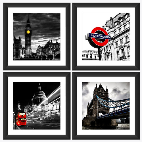 Kit 4 Quadro Londres Onibus Ponte Arte Preto Branco Vermelho