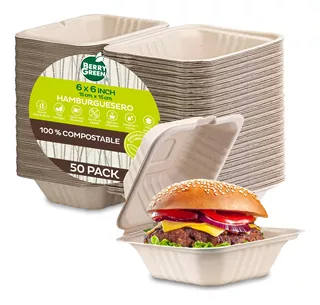 50 Contenedores Hamburguesero Biodegradable Desechable 6x6''