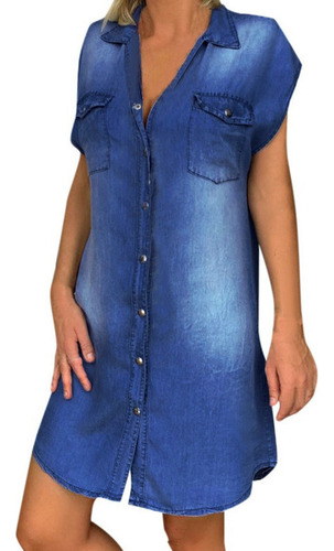 Vestido Camisero De Mezclilla De Color Sólido Para Mujer Mod