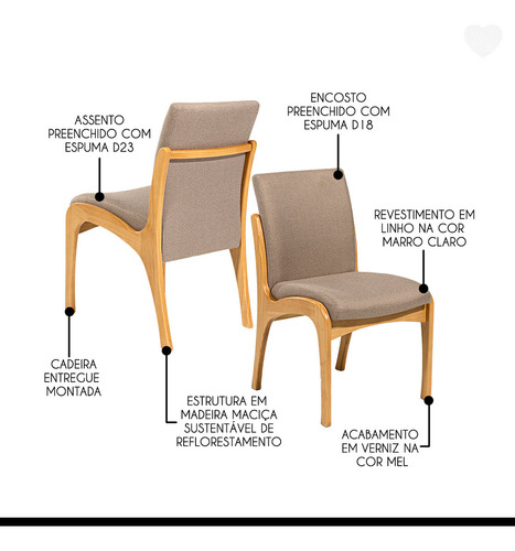 Kit 2 Cadeiras De Jantar Lisboa Em Madeira Estofada Linho Marrom Claro