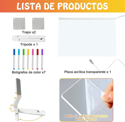 Pizarra De Borrado Seco Con Luz Con Borrables De 7 Colores