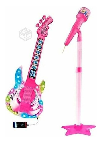 Set Guitarra Microfono Pedestal Juguete Mp3 Luces Rosada