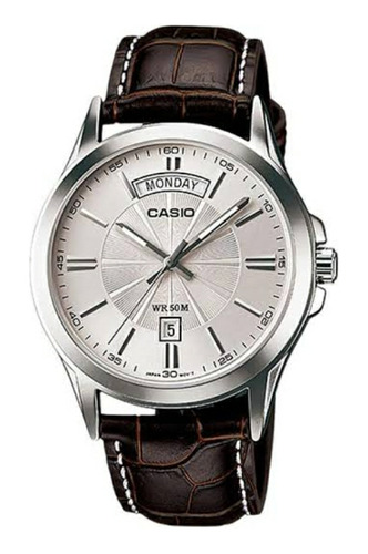Reloj Casio Modelo Mtp-1381 Cara Blanca Piel Marrón Color Del Bisel Plateado Color Del Fondo Plateado