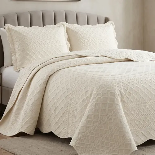 Cobre Leito Queen 300 ‌Fios Alto Relevo ﻿Mosaico 3 Peças Bege Mosaico