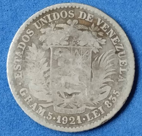 Moneda De 1 Bs De 1921, Plata 5 Gr.