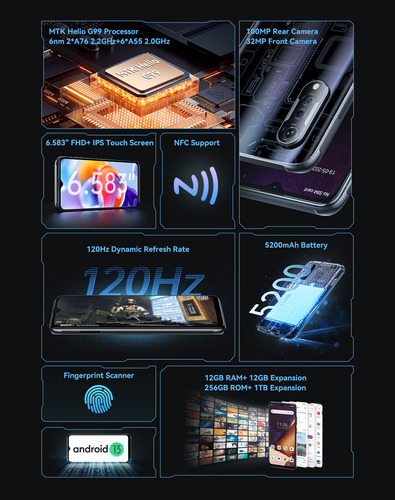Cubot X70, Smartphone Android 13, Helio G99, Octa-core, Pantalla 120hz 6.583 Pulgadas, 24gb+256gb, Cámara 100mp, Nfc