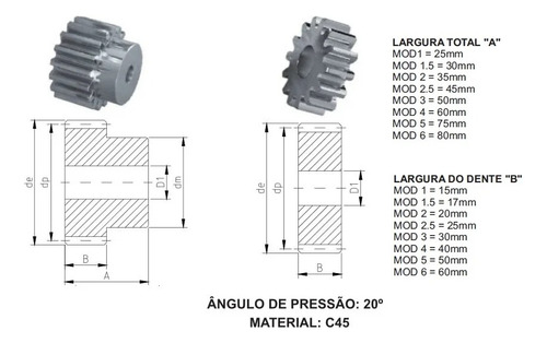 Engrenagem Módulo 2.5 Dentes Retos Z54 M2.5