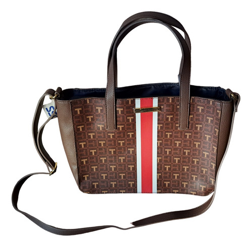 Bolsa Tommy Hilfiger Café Con Logo Y Franja Blanca Con Rojo