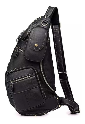 Morral Mochila De Cuero Genuino Negro Hombres