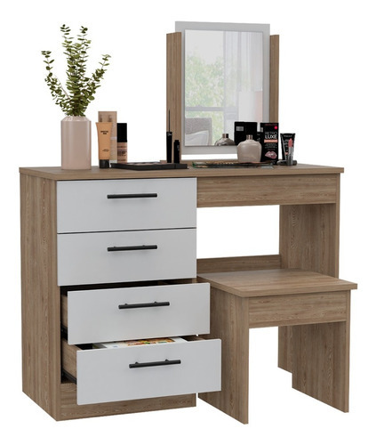 Mueble Tocador Kaia + Banca Rta Miel Blanco Color Marrón Claro